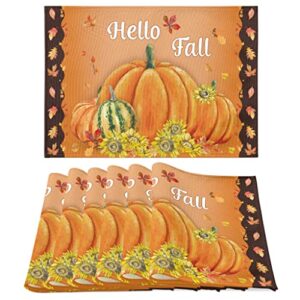 Thanksgiving Placemats Set of 6, Fall Pumpkin Sunflower Heat Resistant Dining Table Placemats, Autumn Leaf Macrame Square Washable Wipeable Linen Fabric Cloth Place Mats for Holiday Kitchen Decor