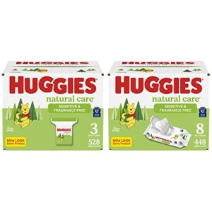 baby wipes bundle: huggies natural care sensitive baby wipes, unscented, 8 flip-top packs (448 wipes total) and 3 refill packs (528 wipes total)