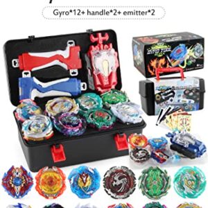 Battling Tops Box Set, Burst Gyro Toys 12 Spinning Tops + 2 Launchers + Stickers Combat Battling Game with Portable Box Gift for Kids Children Boys 499