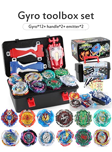 Battling Tops Box Set, Burst Gyro Toys 12 Spinning Tops + 2 Launchers + Stickers Combat Battling Game with Portable Box Gift for Kids Children Boys 499