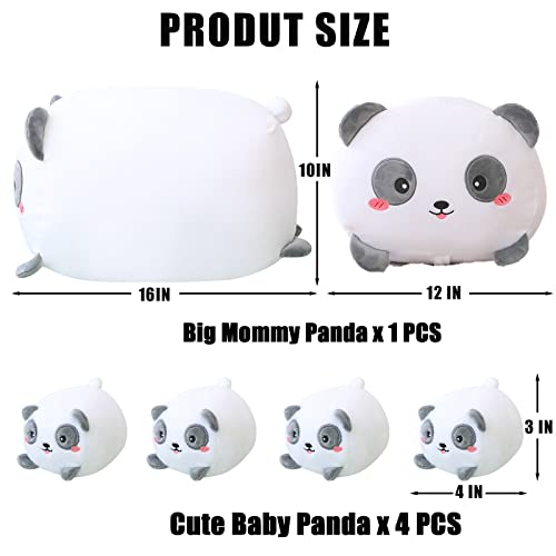 SQEQE Panda Mommy Stuffed Animal with 4 Baby Pandas, Super Soft Cartoon Hugging Toy Gifts for Girls Boys Birthday