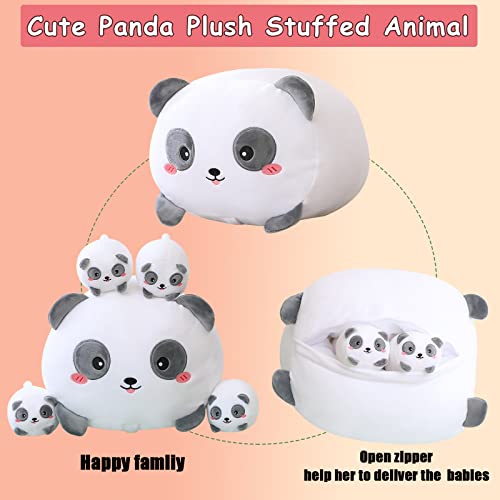 SQEQE Panda Mommy Stuffed Animal with 4 Baby Pandas, Super Soft Cartoon Hugging Toy Gifts for Girls Boys Birthday