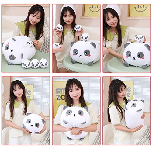 SQEQE Panda Mommy Stuffed Animal with 4 Baby Pandas, Super Soft Cartoon Hugging Toy Gifts for Girls Boys Birthday