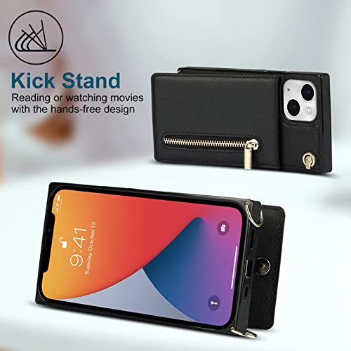 Jaorty Crossbody Phone Case for iPhone 13 Mini Case with Card Holder for Women,iPhone 13 Mini Case Wallet with Strap Lanyard for Men,PU Leather Magnetic Clasp with Kickstand 5.4", Black