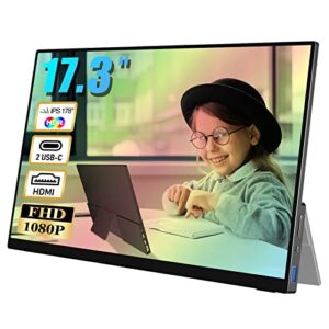 portable monitor 17.3" laptop screen extender with premium built-in stand, 1080p fhd hdr eye care usb-c second monitor for laptop, ips hdmi computer display for phone, pc, ps/4/5, xbox, switch
