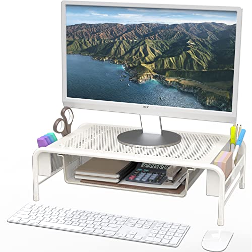 SimpleHouseware Metal Desk Monitor Stand Riser with Organizer Drawer, White