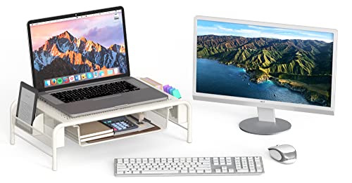 SimpleHouseware Metal Desk Monitor Stand Riser with Organizer Drawer, White