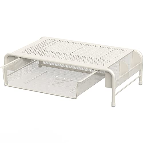 SimpleHouseware Metal Desk Monitor Stand Riser with Organizer Drawer, White