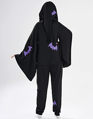 haikyuu Women Halloween Onesie Costume Bat Pajama Pumpkin Emoji Loungewear Turkey Hooded Kigurumi Jumpsuit Homewear (large, black)