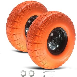 4.10/3.50-4 tire and wheel flat free,10" solid tire wheel with 5/8" bearings,2.1" offset hub,for gorilla cart,garden carts,dolly,trolley,dump cart,hand truck/wheelbarrow/garden wagon (2 pack-orange)