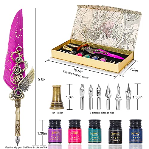 AIYNC Feather Calligraphy Pen Set, Quill Pen and Ink Set with Quill Pen and 5 Ink Bottles, Feather Pen Ink Set, Calligraphy Pen for Writing, Writing Letters, Diary, Signing, Invitation Etc (Purple)…