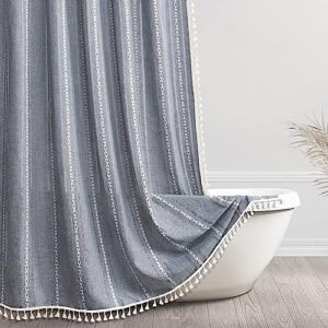 awellife rustic farmhouse linen shower curtain blue gray primitive country cottage bathroom decor hemstitched striped minimal chic texture boho tassel bathroom shower curtain set with hooks, 72x72