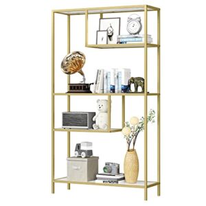 home bi bookshelf,4 tier metal frame bookcase, tall book shelf,open display shelves for office, study room, living room,gold 13" d x 39.37" w x 70.08" h