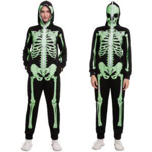 spooktacular creations adult women skeleton glow in the dark onesie pajama jumpsuit for halloween costume, trick or treat, themed party-m