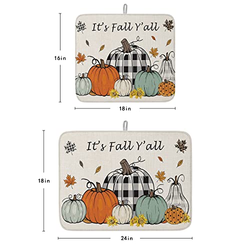 LIFEMUSION Thanksgiving Pumpkin Dish Drying Mat for Kitchen Counter, Fall Harvest Maple Leaf Autumn Sunflower Baby Bottle Microfiber Drying Pad, Absorbent Coffee Cup Dishes Drainer Mats 16''x18''