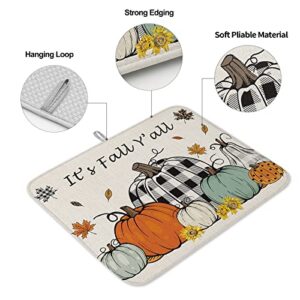 LIFEMUSION Thanksgiving Pumpkin Dish Drying Mat for Kitchen Counter, Fall Harvest Maple Leaf Autumn Sunflower Baby Bottle Microfiber Drying Pad, Absorbent Coffee Cup Dishes Drainer Mats 16''x18''