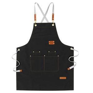 loyglif chef aprons for men women with large pockets, cotton canvas cross back adjustable cooking kitchen work waterproof bib apron black