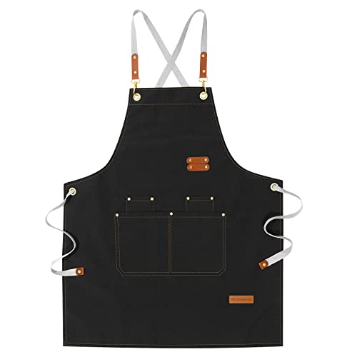 LOYGLIF Chef Aprons for Men Women with Large Pockets, Cotton Canvas Cross Back Adjustable Cooking Kitchen Work Waterproof Bib Apron Black