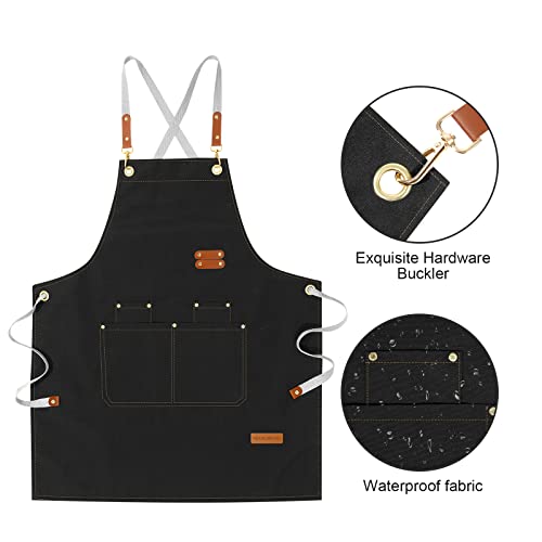 LOYGLIF Chef Aprons for Men Women with Large Pockets, Cotton Canvas Cross Back Adjustable Cooking Kitchen Work Waterproof Bib Apron Black