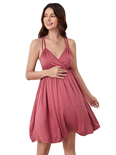 Verdusa Women's Maternity Crisscross Backless V Neck Loungewear Night Dress Watermelon Pink L