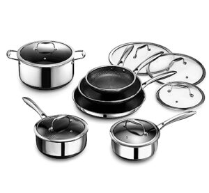 hexclad 12 piece hybrid stainless steel cookware set - 6 piece frying pan set and 6 piece pot set with lids, stay cool handles, dishwasher safe, induction ready, metal utensil safe