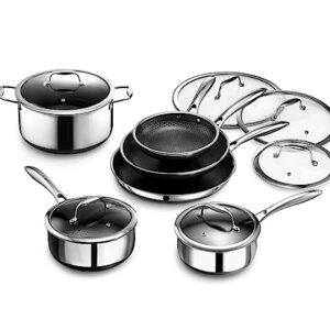 HexClad 12 Piece Hybrid Stainless Steel Cookware Set - 6 Piece Frying Pan Set and 6 Piece Pot Set with Lids, Stay Cool Handles, Dishwasher Safe, Induction Ready, Metal Utensil Safe