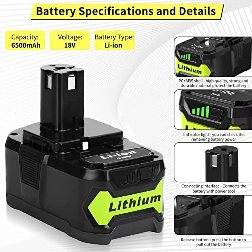 BiBiSi 6.5Ah P108 18 Volt Replacement Battery for Ryobi 18V Battery 2 Pack Cordless Tool Battery Packs Compatible with P102 P103 P104 P105 P107 P108 P109 P190 P122