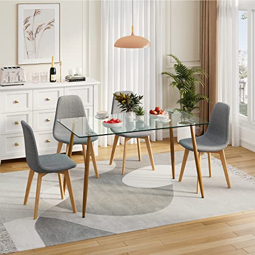 Giantex 5-Piece Dining Room Table Set, Multifunctional Kitchen Dinette Set of 5, 51" L X 27.5" W Table & Chair Set for 5, Rectangular Glass Dining Table & 4 Linen Chairs for Living Room