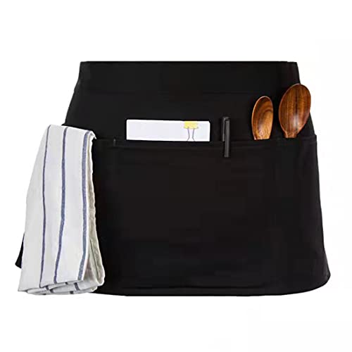 LRUUIDDE Server Aprons with 3 Pockets, Black Server Waist Aprons, Waitress Half Apron,Waterdrop Resistant Waitress Apron (Black-1 Pack)