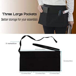 LRUUIDDE Server Aprons with 3 Pockets, Black Server Waist Aprons, Waitress Half Apron,Waterdrop Resistant Waitress Apron (Black-1 Pack)