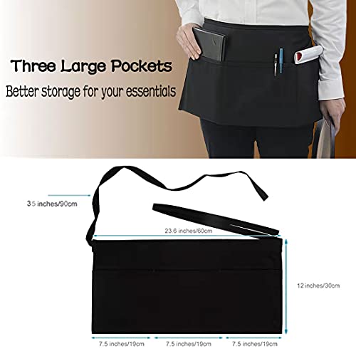 LRUUIDDE Server Aprons with 3 Pockets, Black Server Waist Aprons, Waitress Half Apron,Waterdrop Resistant Waitress Apron (Black-1 Pack)