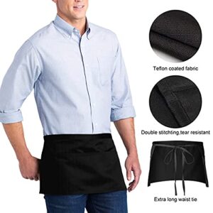 LRUUIDDE Server Aprons with 3 Pockets, Black Server Waist Aprons, Waitress Half Apron,Waterdrop Resistant Waitress Apron (Black-1 Pack)