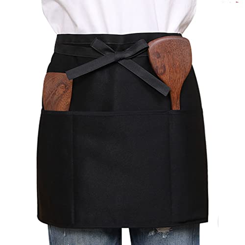 LRUUIDDE Server Aprons with 3 Pockets, Black Server Waist Aprons, Waitress Half Apron,Waterdrop Resistant Waitress Apron (Black-1 Pack)