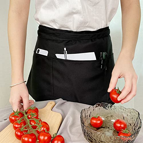 LRUUIDDE Server Aprons with 3 Pockets, Black Server Waist Aprons, Waitress Half Apron,Waterdrop Resistant Waitress Apron (Black-1 Pack)