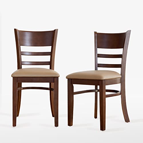 Livinia Cabin Dining Chair Set of 2, Solid Malaysian Oak PU Leather Upholstered Cushion Seat Wooden Ladder Back Side Chairs (Walnut) Assembly Required