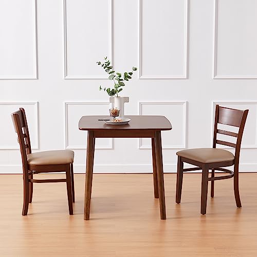 Livinia Cabin Dining Chair Set of 2, Solid Malaysian Oak PU Leather Upholstered Cushion Seat Wooden Ladder Back Side Chairs (Walnut) Assembly Required