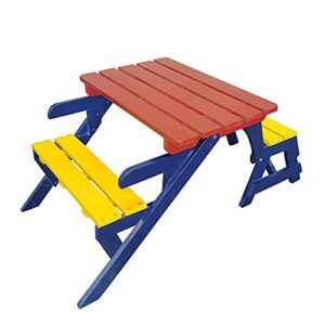 kids study table and chairs set, multi-functional children activity desk with 2 bench, indoor outdoor safe steady kid-sized furniture children table and chair set (blue+red+yellow, 3 in 1)