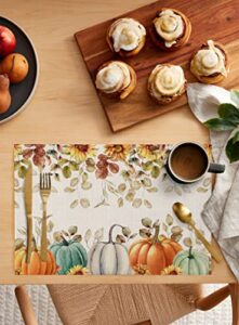 fall pumpkin placemats set of 6, thanksgiving maple leaf eucalyptus indoor outdoor dining table place mats, autumn sunflower botanical blue grey pumpkins woven table mats for kitchen/party 13"x19"