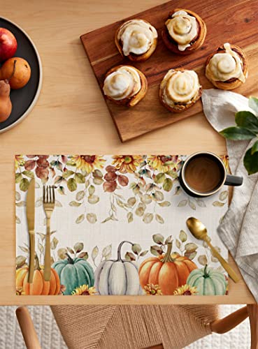 Fall Pumpkin Placemats Set of 6, Thanksgiving Maple Leaf Eucalyptus Indoor Outdoor Dining Table Place Mats, Autumn Sunflower Botanical Blue Grey Pumpkins Woven Table Mats for Kitchen/Party 13"x19"