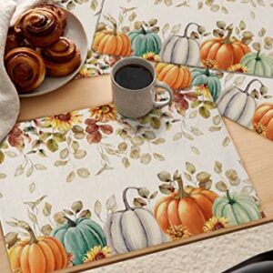 Fall Pumpkin Placemats Set of 6, Thanksgiving Maple Leaf Eucalyptus Indoor Outdoor Dining Table Place Mats, Autumn Sunflower Botanical Blue Grey Pumpkins Woven Table Mats for Kitchen/Party 13"x19"