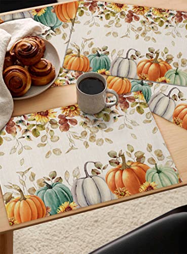 Fall Pumpkin Placemats Set of 6, Thanksgiving Maple Leaf Eucalyptus Indoor Outdoor Dining Table Place Mats, Autumn Sunflower Botanical Blue Grey Pumpkins Woven Table Mats for Kitchen/Party 13"x19"