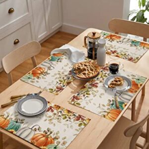 Fall Pumpkin Placemats Set of 6, Thanksgiving Maple Leaf Eucalyptus Indoor Outdoor Dining Table Place Mats, Autumn Sunflower Botanical Blue Grey Pumpkins Woven Table Mats for Kitchen/Party 13"x19"