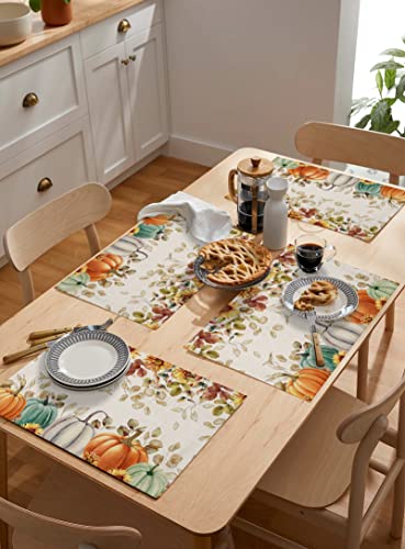 Fall Pumpkin Placemats Set of 6, Thanksgiving Maple Leaf Eucalyptus Indoor Outdoor Dining Table Place Mats, Autumn Sunflower Botanical Blue Grey Pumpkins Woven Table Mats for Kitchen/Party 13"x19"