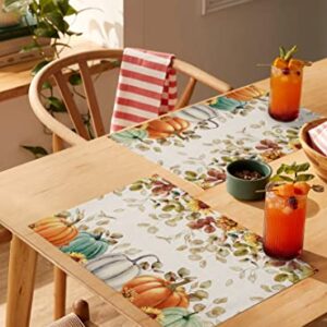 Fall Pumpkin Placemats Set of 6, Thanksgiving Maple Leaf Eucalyptus Indoor Outdoor Dining Table Place Mats, Autumn Sunflower Botanical Blue Grey Pumpkins Woven Table Mats for Kitchen/Party 13"x19"