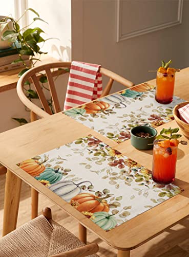 Fall Pumpkin Placemats Set of 6, Thanksgiving Maple Leaf Eucalyptus Indoor Outdoor Dining Table Place Mats, Autumn Sunflower Botanical Blue Grey Pumpkins Woven Table Mats for Kitchen/Party 13"x19"