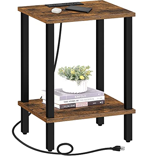 TUTOTAK End Table with Charging Station, Side Table with USB Ports and Outlets, Nightstand, 2-Tier Storage Shelf, Sofa Table for Small Space TB01BB040