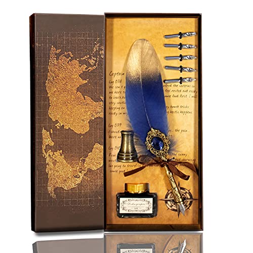 Jubapoz Feather Pen Calligraphy Pen and Ink Set Antique Platinum Quill Pens with Ink for Writing, Drawing, Signature, Wedding, Birthday Gifts, Retro Decor (Navy Blue+Golden)