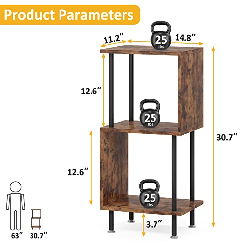 Book Shelf Bookcase, Modern Small Bookshelf for Small Spaces: S-Shaped Wooden Bookshelf Corner Bookshelf for Living Room Bedroom Home Office, Rustic Bookshelves and Bookcases Storage Organizer, 3-Tier