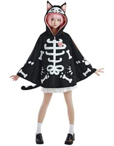 haikyuu women halloween skeleton cat cape skull cosplay cloak with tail onesie kigurumi fleece hooded poncho cosplay party comic con (large)