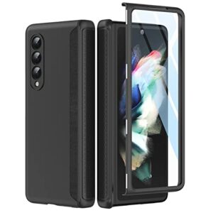 makavo slim thin z fold 3 case with hinge coverage, screen protector, matte hard shockproof full body protection phone cover for samsung galaxy z fold 3 5g (black)